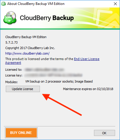 Click Update License button in About window in CloudBerry Backup