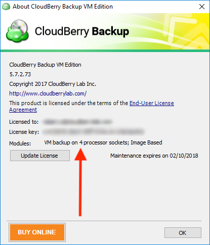 Check the updated number of sockets in About window in CloudBerry Backup